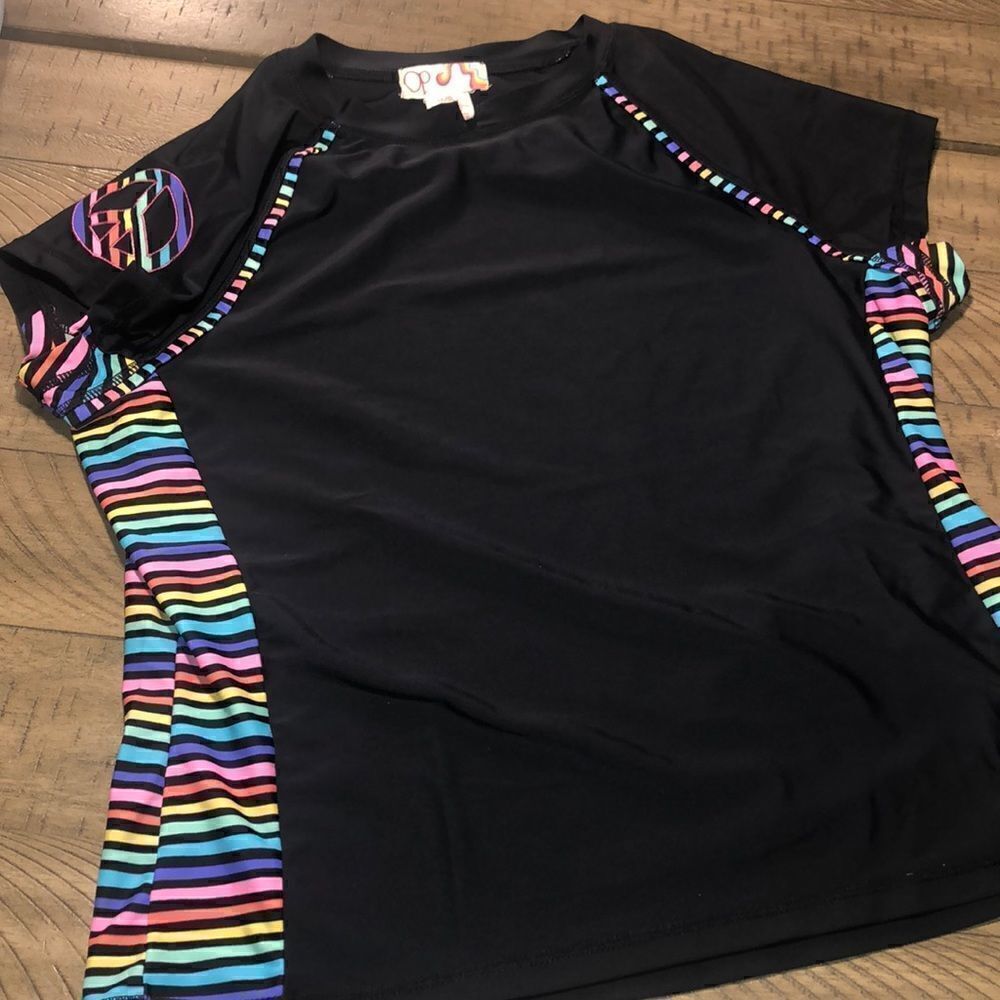 OP Peace ☮️ and Rainbow 🌈 Rash Guard Swim Shirt. Black Contrast Rainbow Piping